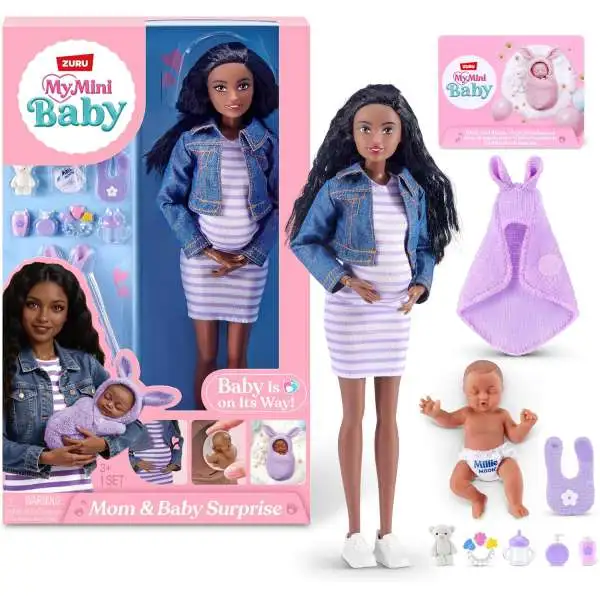 5 Surprise My Mini Baby Mom Baby Surprise Nicky 12 Doll Black Hair, Purple Striped Dress Zuru Toys
