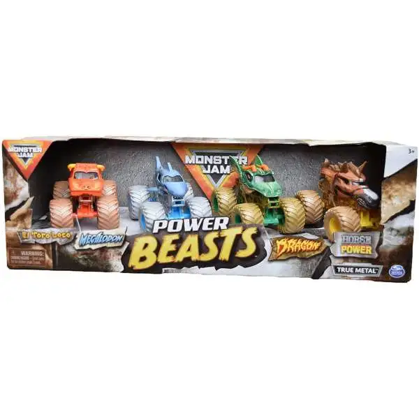 Monster Jam Power Beasts El Toro Loco, Megalodon, Dragon, Horse Power Diecast Car 4-Pack