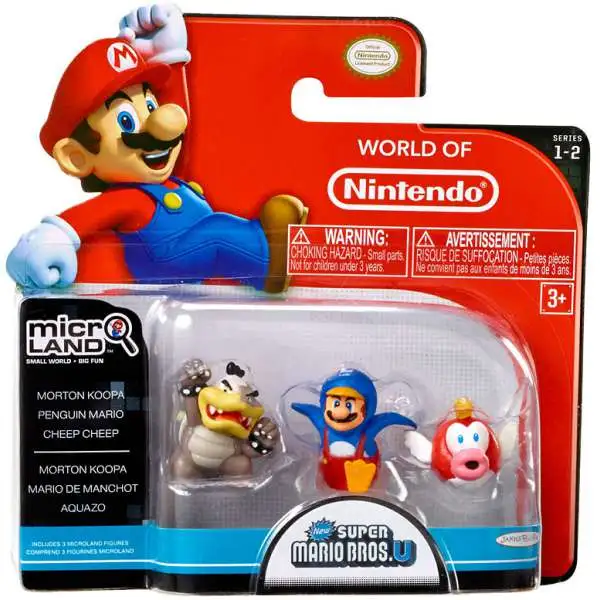 World of Nintendo New Super Mario Bros. U Micro Land Series 2 Morton Koopa, Penguin Mario & Cheep Cheep 1-Inch Mini Figure 3-Pack