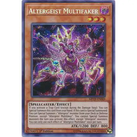 YuGiOh 2019 Gold Sarcophagus Tin Mega Pack Prismatic Secret Rare Altergeist Multifaker MP19-EN009