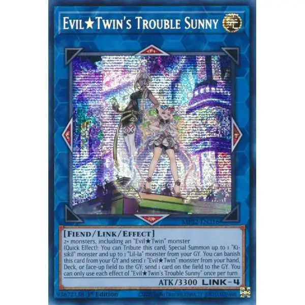 YuGiOh 2022 Tin of the Pharaoh's Gods Prismatic Secret Rare Evil Twin's Trouble Sunny MP22-EN216