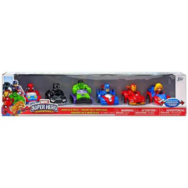 Playskool Heroes Super Hero Adventures Spider-Man, Black Panther, Hulk, Captain America, Iron Man & Captain Marvel Exclusive Pullback Vehicle 6-Pack