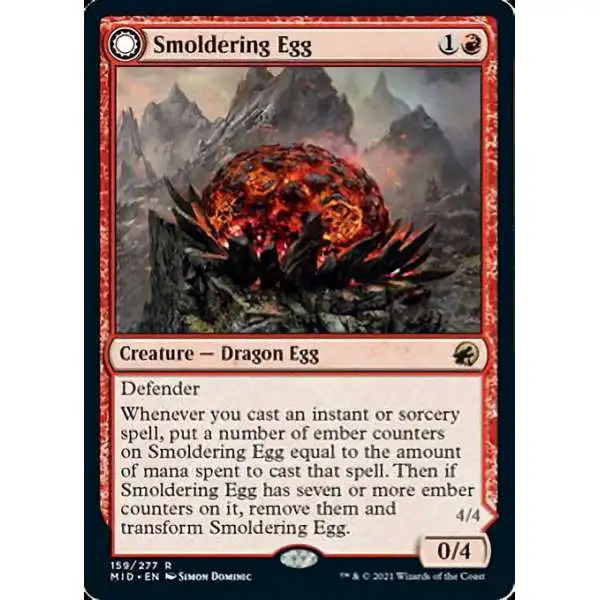 MtG Trading Card Game Innistrad: Midnight Hunt Rare Smoldering Egg // Ashmouth Dragon #159