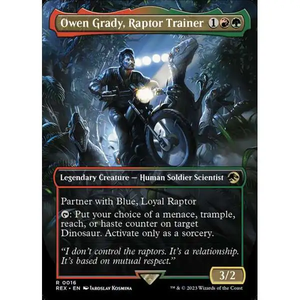 jurassic park mtg card FOIL] Ellie and Alan, Paleontologists (Borderless) (Emblem) Jurassic World Collection (REX) #19 Illustrated by Slawomir Maniak Magic Owen Grady, Raptor Trainer (Borderless)