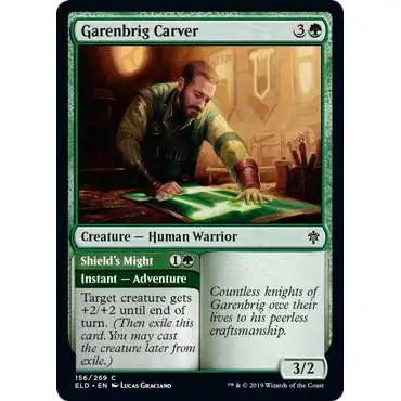 MtG Trading Card Game Throne of Eldraine Common Foil Garenbrig Carver // Shield's Might #156