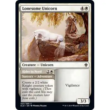 MtG Trading Card Game Throne of Eldraine Common Lonesome Unicorn // Rider in Need #21
