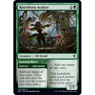 MtG Trading Card Game Throne of Eldraine Common Foil Rosethorn Acolyte // Seasonal Ritual #174