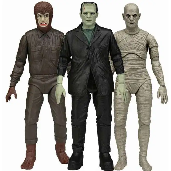 NECA Universal Monsters Retro Mummy, Wolf Man & Frankenstein's Monster Set of 3 Action Figures [Glow-in-the-Dark]