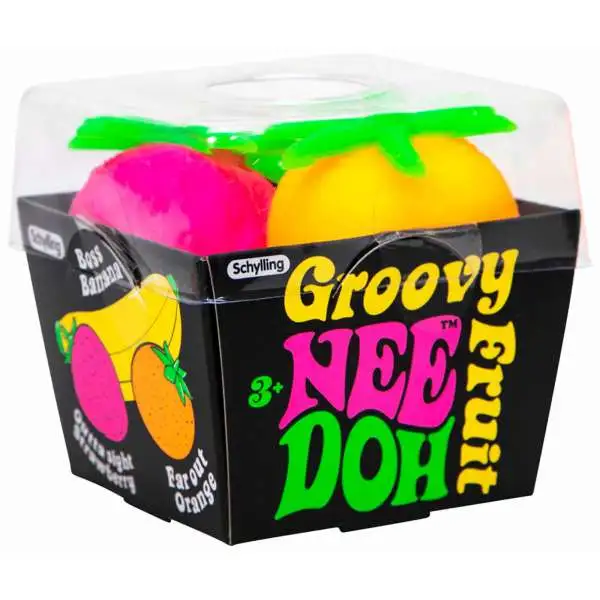 NeeDoh The Groovy Glob Boss Banana, Outta Sight Strawberry & Far Out Orange 2.5-Inch Small Stress Ball Pack of 3 Fruit