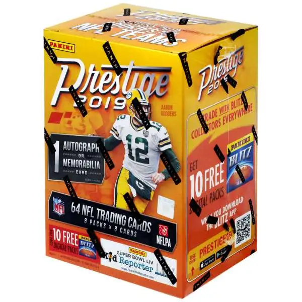 NFL Panini 2019 Prestige Football Trading Card BLASTER Box [8 Packs, 1 Autograph OR Memorabilia Card]