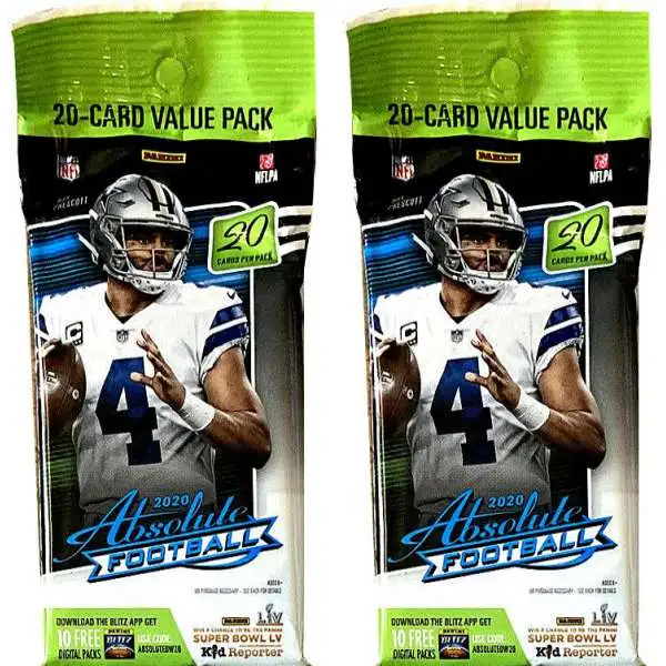 NFL Panini 2020 Absolute Football LOT of 2 Trading Card VALUE Packs [20 Cards Per Pack]