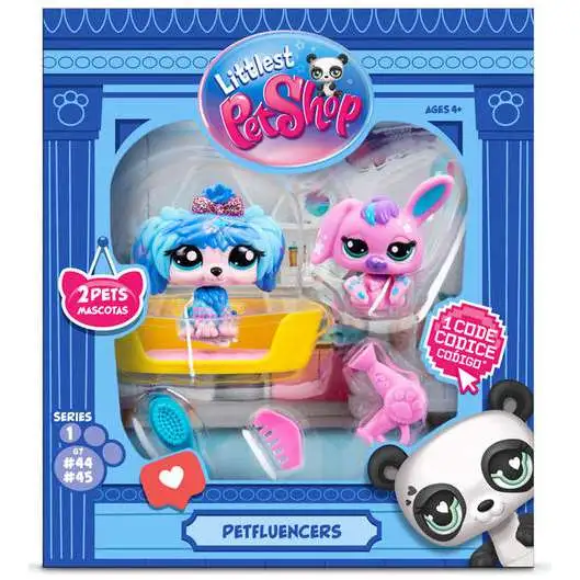 Littlest Pet Shop 2024 Generation 7 Petfluencers Super Salon Mini Figure 2-Pack #48 & 49 [Dog & Bunny, 4 Accessories, Backdrop, Card & Virtual Code]