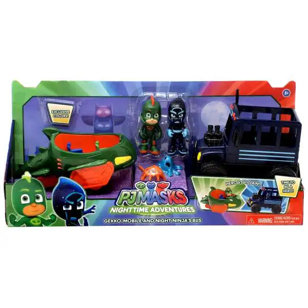 Disney Junior PJ Masks Nighttime Adventure Gekko-Mobile & Night Ninja Bus Exclusive Vehicle & Figure 2-Pack [Exclusive Colors!]