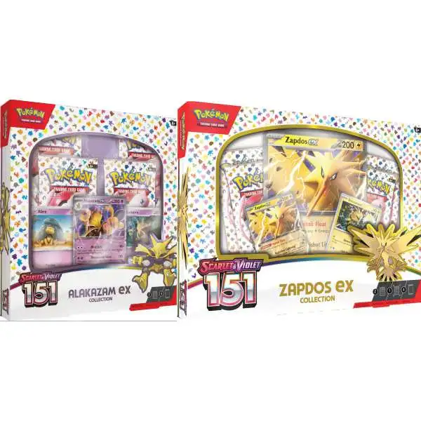 Scarlet & Violet Pokemon 151 Alakazam ex & Zapdos ex Set of 2 Collection Boxes [ENGLISH, 4 Booster Packs, 3 Foil Promos & More!]