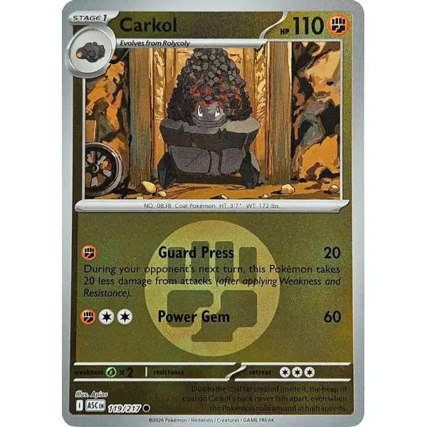 carkol pokemon card Coalossal, Carkol, Rolycoly - 107/192 Weakness Grass 2 Resistance None None Retreat Cost Pokemon Trading Card Game Ascended