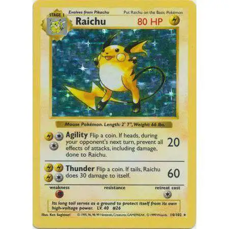 Pokemon Base Set Holo Rare Raichu #14 [Shadowless, Lightly Played] [Lightly Played]