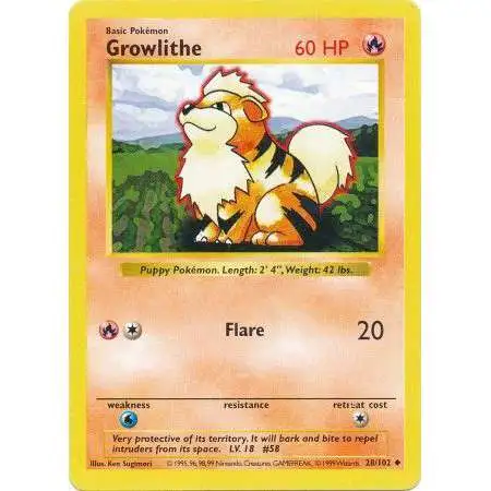 Pokemon Base Set Uncommon Growlithe #28 [Shadowless] [Lightly Played]