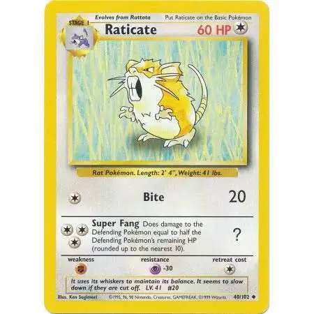 Pokemon Base Set Uncommon Raticate #40 [Lightly Played]