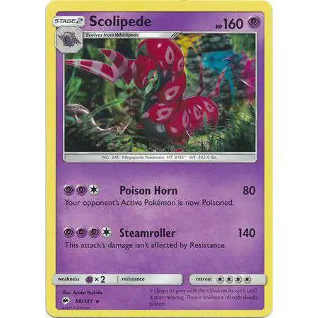 Pokemon Trading Card Game Sun & Moon Burning Shadows Rare Scolipede #58