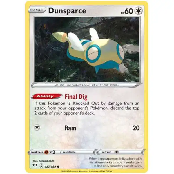 Pokemon Trading Card Game Sword & Shield Darkness Ablaze Common Dunsparce #137