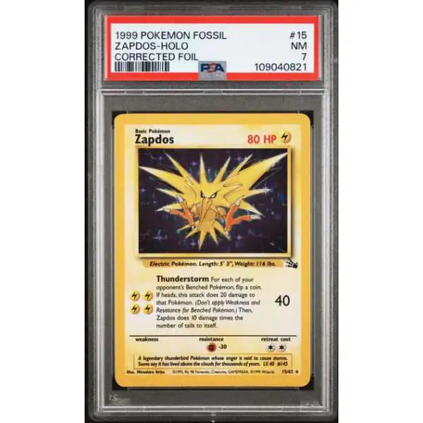 Pokemon Fossil Holo Rare Zapdos (Corrected Foil) #15 [PSA 7]