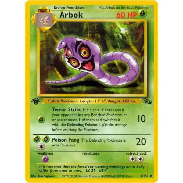 Pokemon Fossil Uncommon Arbok #31 [1st Edition] [Lightly Played]