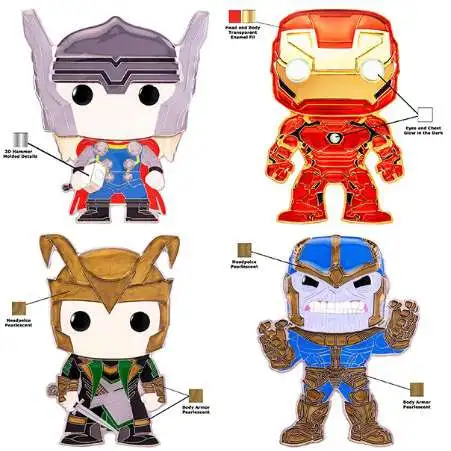 Funko Marvel POP! Pin Iron Man, Thanos, Thor & Loki Set of 4 Large Enamel Pins