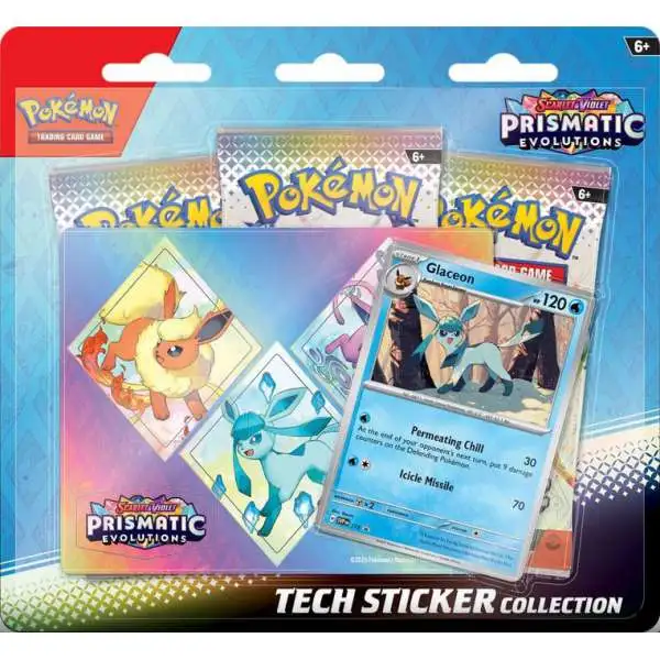 Pokemon Scarlet & Violet Prismatic Evolutions Glaceon Tech Sticker Collection [3 Booster Packs, Shiny Promo Card & Sticker]