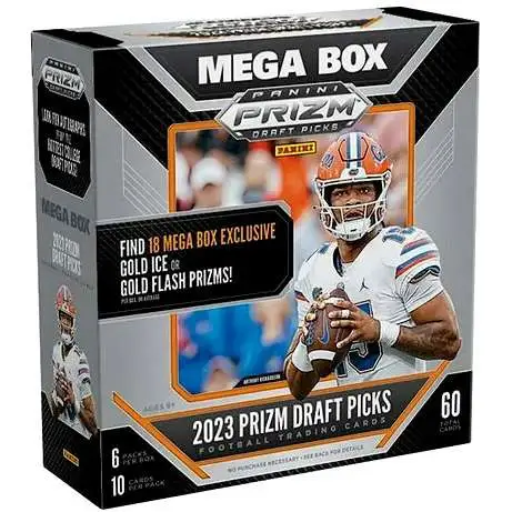 NFL Panini 2023 Prizm Draft Picks Football Trading Card MEGA Box [6 Packs, 18 Gold Ice OR Gold Flash Prizms]