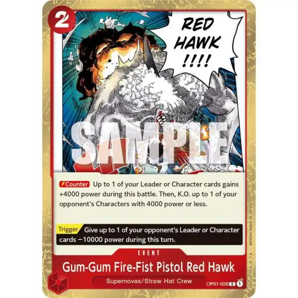 One Piece Trading Card Game Romance Dawn Rare Gum-Gum Fire-Fist Pistol Red Hawk OP01-026