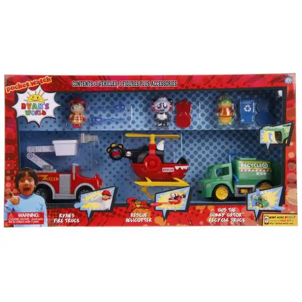 Ryan's World Ryan's Fire Truck, Combo Panda Rescue Helicopter & Gus the Gummy Gator Recycle Truck 3-Inch Figure & Vehicle 3-Pack