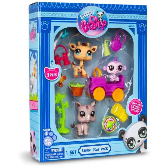 Littlest Pet Shop 2024 Generation 7 Safari Play Pack Mini Figure 3-Pack #53, 54 & 55 [Rhino, Giraffe & Monkey, 10 Accessories, Card & Virtual Code]