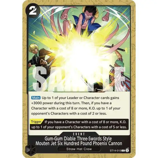 One Piece Trading Card Game Starter Deck 14: 3D2Y Common Gum-Gum Diable Three-Swords Style Mouten Jet Six Hundred Pound Phoenix Cannon ST14-015