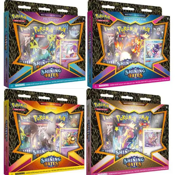 Pokemon Trading Card Game Shining Fates Polteageist, Galarian Mr. Rime, Dedenne & Bunnelby Set of 4 Mad Party Pin Collections