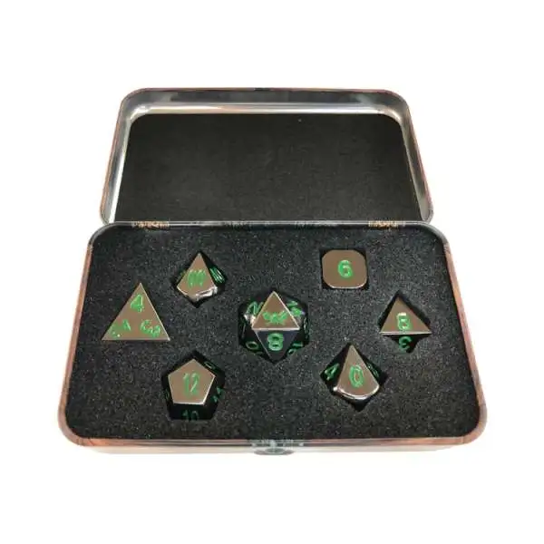 Skullsplitter Metal Black Dragon Shiny Black Nickel with Green Numbers Polyhedral 7-Die Dice Set [Warlock Tome Case]