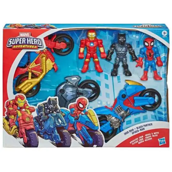 Marvel Playskool Heroes Super Hero Adventures Iron Man, Black Panther & Spider-Man Exclusive Action Figure & Vehicle 3-Pack [Speedster Crew]