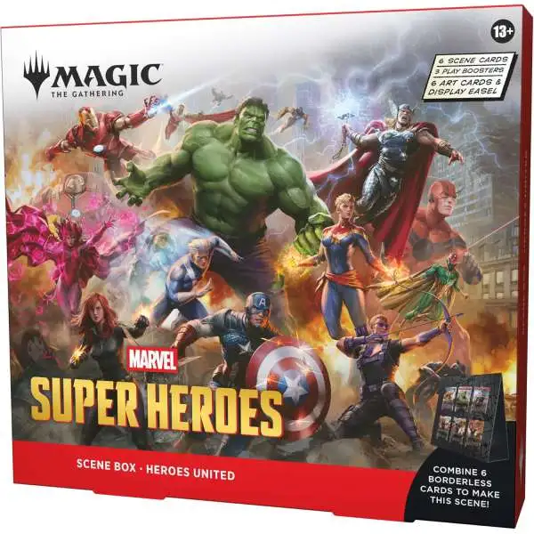 MtG Marvel Super Heroes Heroes United Scene Box [6 Foil Borderless Scene Cards, 6 Art Cards, 3 Play Boosters + Display Easel] (Pre-Order ships September)
