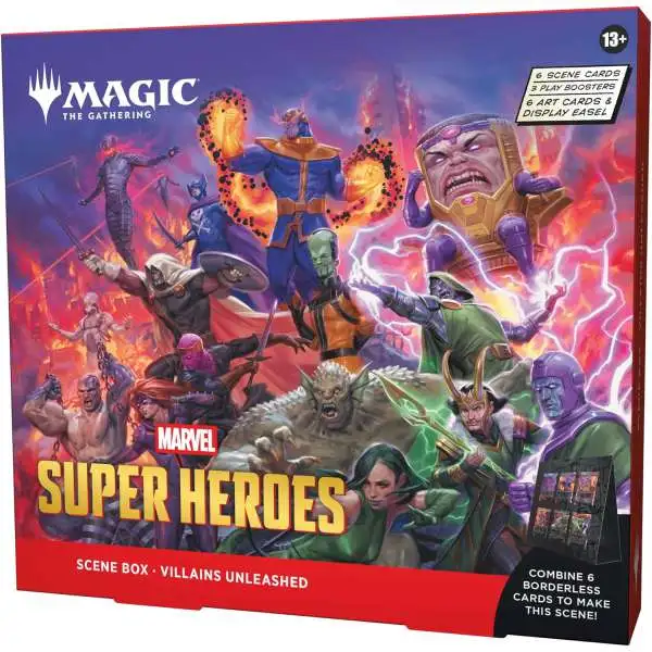 MtG Marvel Super Heroes Villains Unleashed Scene Box [6 Foil Borderless Scene Cards, 6 Art Cards, 3 Play Boosters + Display Easel] (Pre-Order ships September)