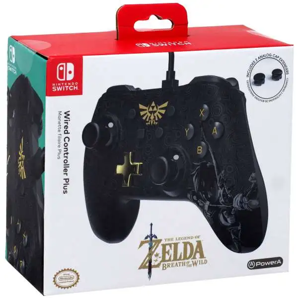 Nintendo Switch Zelda Breath of the Wild Wired Video Game Controller [All Black Version, Two Analog Cap Extenders]