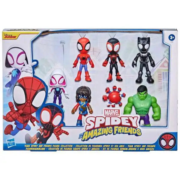 Spidey & His Amazing Friends Team Spidey & Friends Ghost-Spider, Spidey, Miles Morales, Ms. Marvel, Black Panther, Hulk & Trace-E Exclusive Action Figure 7-Pack