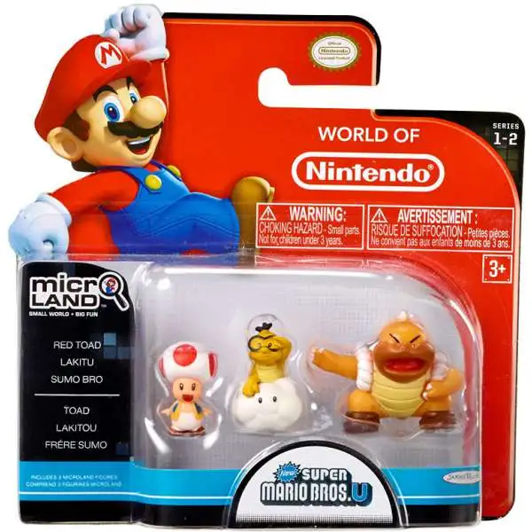 World of Nintendo New Super Mario Bros. U Micro Land Series 2 Red Toad, Lakitu & Super Sumo Bro 1-Inch Mini Figure 3-Pack