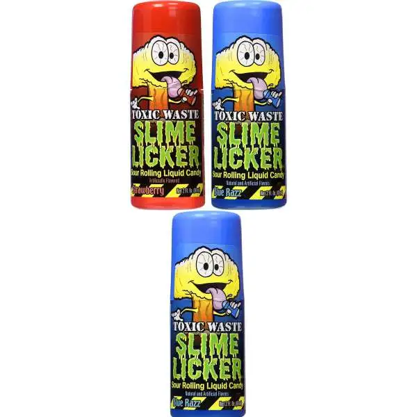 Toxic Waste Slime Licker 2x BLUE RAZZ & 1x STRAWBERRY 2 fl. Oz. LOT of 3 Sour Rolling Liquid Candy