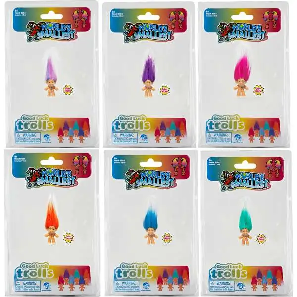 World's Smallest Good Luck Trolls Orange, Blue, Rainbow, Teal, Pink & Purple Set of 6 Micro Figures