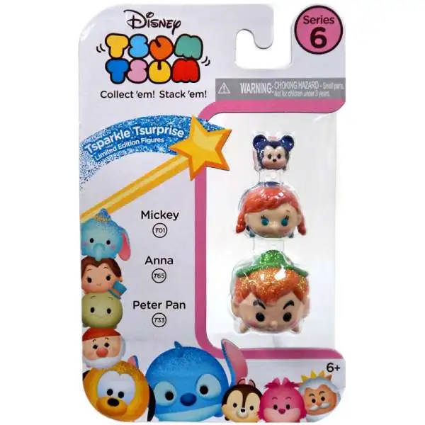 Disney Tsum Tsum Series 6 Tsparkle Tsurprise Mickey, Anna & Peter Pan 1-Inch Minifigure 3-Pack T01, T65 & T33
