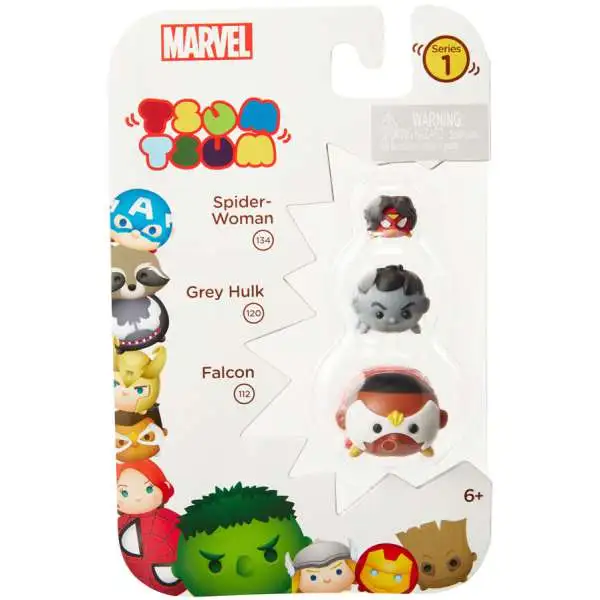 Marvel Tsum Tsum Spider-Woman, Grey Hulk & Falcon 1-Inch Minifigure 3-Pack #134, 120 & 112