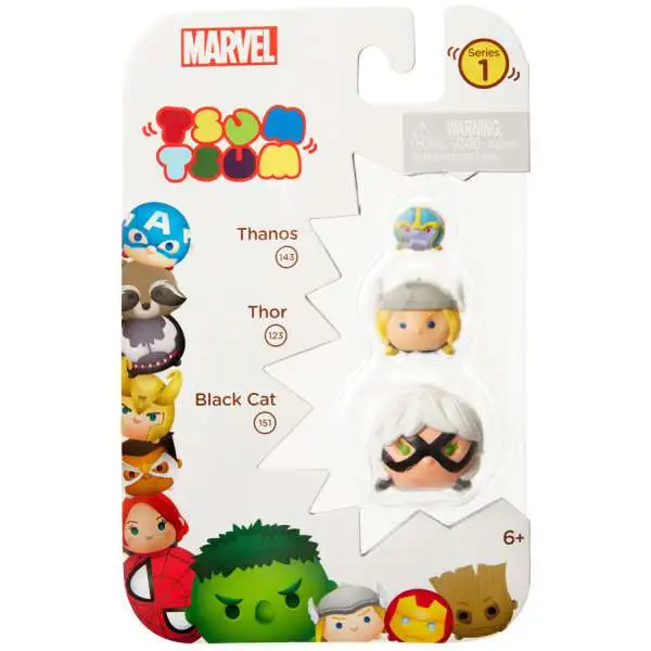 Marvel Tsum Tsum Series 1 Thanos, Thor & Black Cat 1-Inch Minifigure 3-Pack #143, 123 & 151
