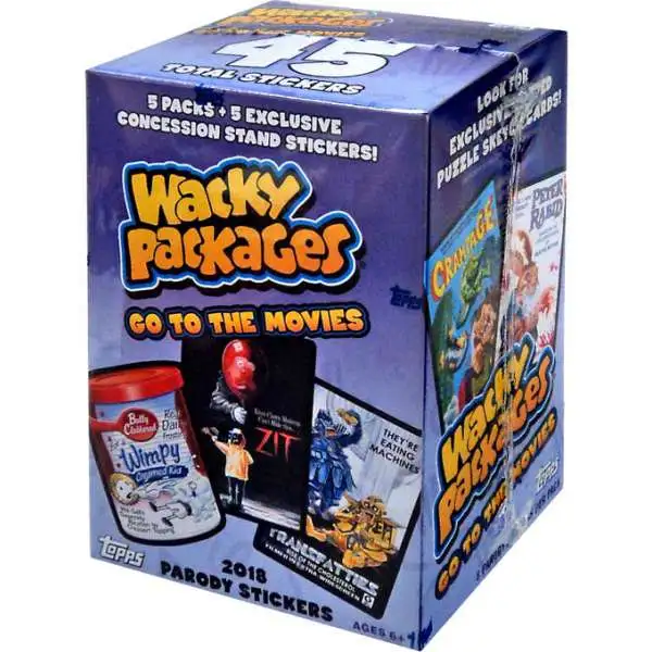 Wacky Packages Topps 2018 Go to the Movies Trading Card Sticker BLASTER Box [5 Packs + 5 Exclusive Concession Stand Stickers]