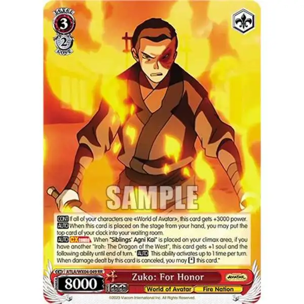 Weiss Schwarz Trading Card Game Avatar: The Last Airbender Double Rare RR Zuko: For Honor ATLA/WX04-049