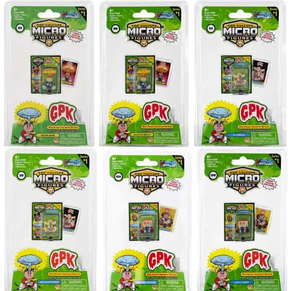 World's Smallest Garbage Pail Kids GPK Series 1 Adam Bomb, Blasted Billy, Upchuck, Heavin Steven, Tee-Vee Stevie & Geeky Gary Set of 6 Micro Figures